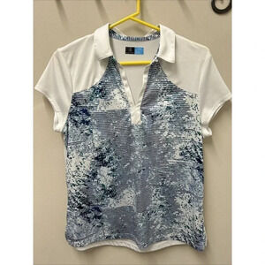 PGA‎ Tour Womens Polo Shirt LG White Blue Golf Stretch Tennis Pickleball Outdoor